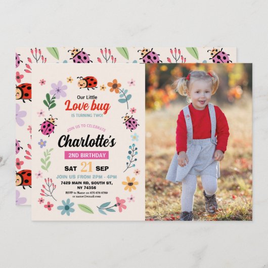 ラブバグ誕生日ガールズラブバグラディバードの写真 招待状 (正面/裏面)