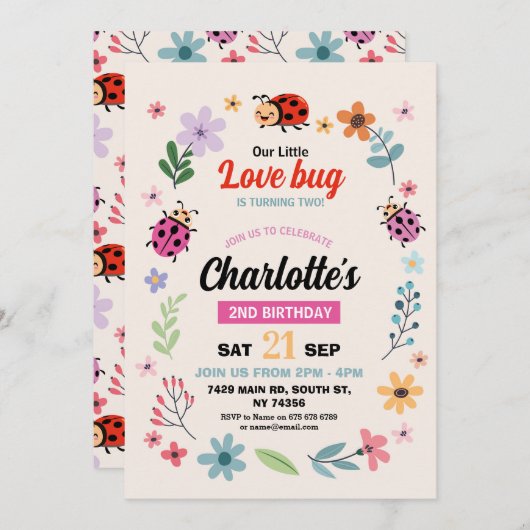 ラブバグ誕生日女の子の男の子はバグLadybirdかわいい 招待状 (正面/裏面)