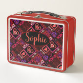 ラブバグ&かわいいハートパターン名前をカスタムする メタルランチボックス (正面)