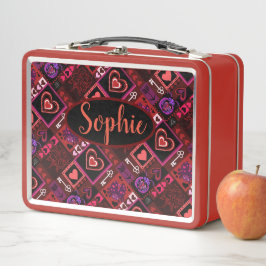 ラブバグ&かわいいハートパターン名前をカスタムする メタルランチボックス
