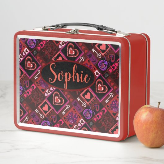 ラブバグ&かわいいハートパターン名前をカスタムする メタルランチボックス (インサイチュ)