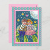 ラブバグ,ホタル&満月,かわいいバレンタイン シーズンポストカード (正面/裏面)