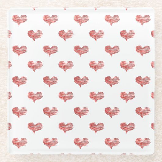 ラブバレンタインデー赤いハートスケッチ ガラスコースター (正面)