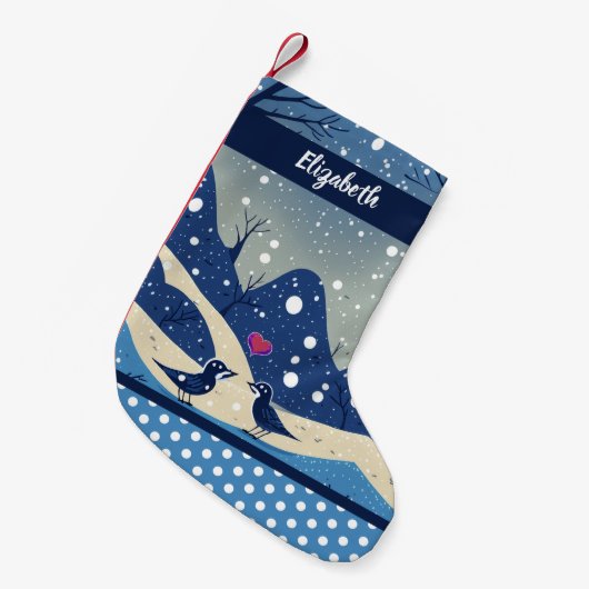 ラブバーズクリスマスカップル赤いハート冬の雪 スモールクリスマスストッキング (正面 (吊り時))