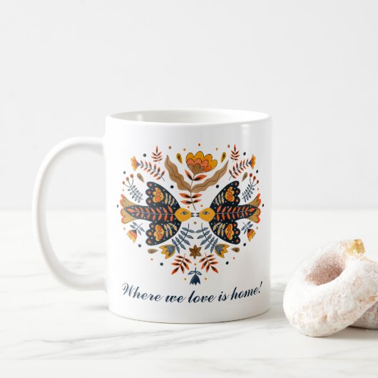 ラブバーズスカンジナビアフォークアートバレンタインデー コーヒーマグカップ (ドーナツ)