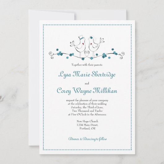 ラブバーズティール(緑がかった色)結婚式招待状 招待状 (正面)