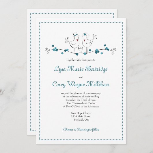 ラブバーズティール(緑がかった色)結婚式招待状 招待状 (正面/裏面)