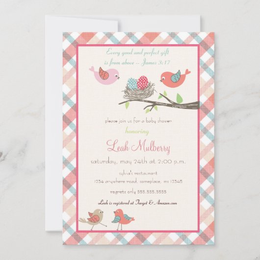 ラブバーズネストトレンディー聖なる書物、 経典ベビーシャワー 招待状 (正面)