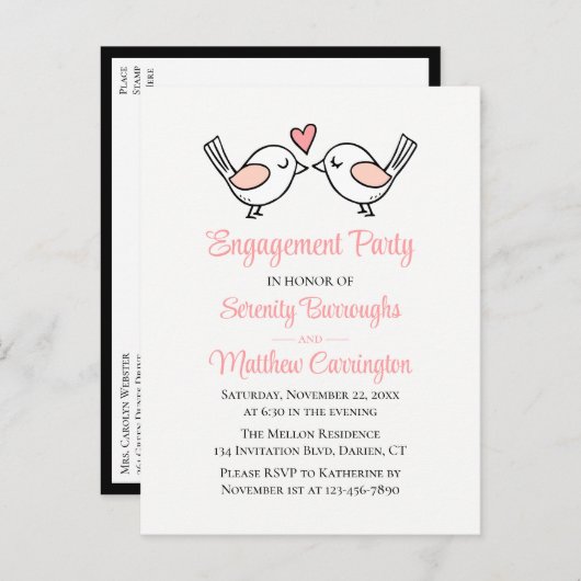 ラブバーズピンクブラックラブバード婚約パーティ インビテーションポストカード (正面/裏面)