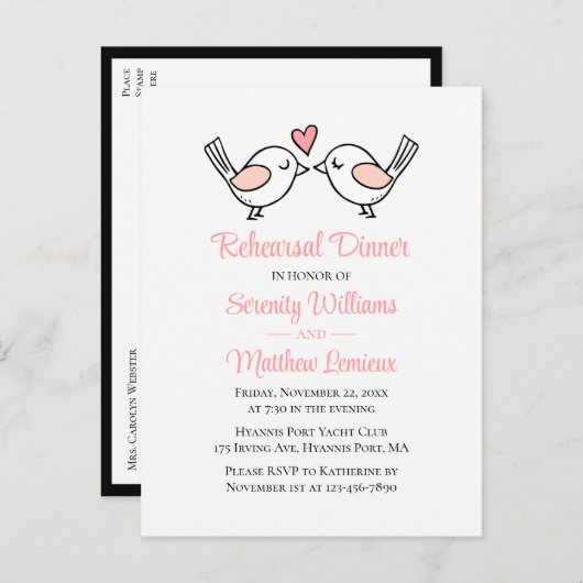 ラブバーズピンクブラックロブバーズリハーサルディナー インビテーションポストカード (正面/裏面)