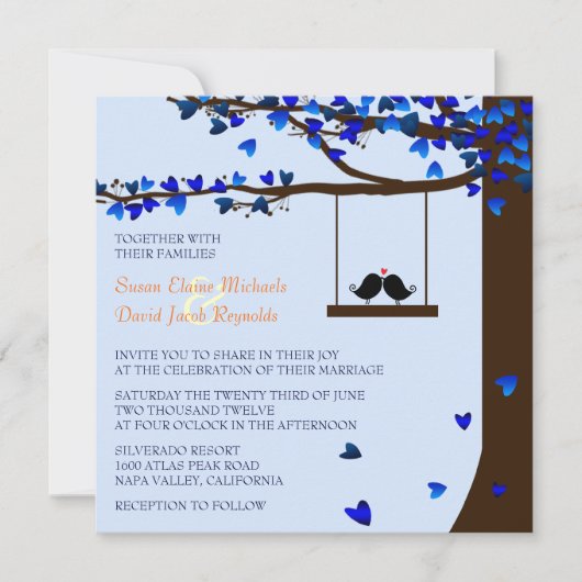 ラブバーズフォールディングハートズオークツリーブルー 招待状 (正面)