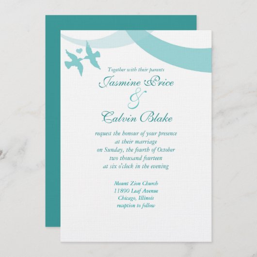 ラブバーズ結婚式招待状ティール(緑がかった色) 招待状 (正面/裏面)