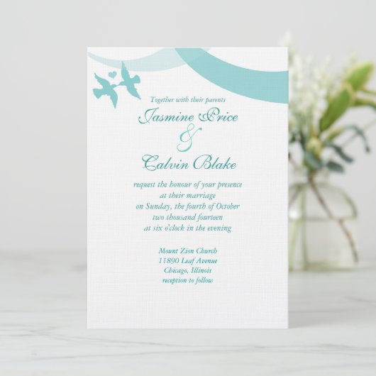 ラブバーズ結婚式招待状ティール(緑がかった色) 招待状 (スタンド正面)