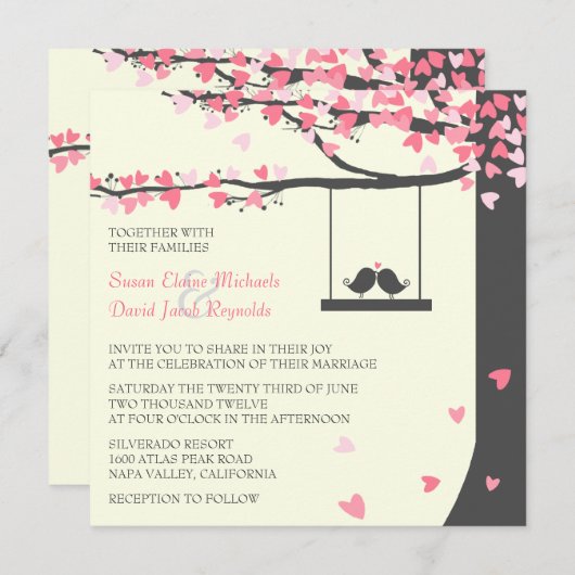 ラブバーズ落下ハートピンクグレーオークの木 招待状 (正面/裏面)