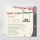 ラブバーズ落下ハートピンクグレーオークの木 招待状 (正面)