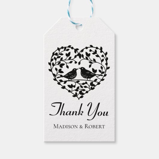 ラブバードありがとう白黒フローラハート ギフトタグ (正面)