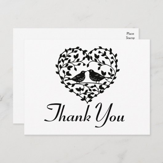 ラブバードありがとう白黒フローラハート ポストカード (正面/裏面)