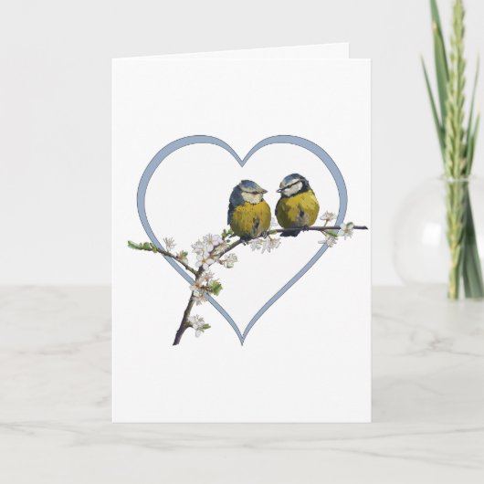 ラブバードがさくらんぼの花枝ハートに座る カード (正面)