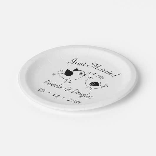 ラブバードたった今結婚しました白黒ズバ結婚ード ペーパープレート (アングル)