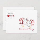 ラブバードとさくらんぼの花が日付カードを保存 案内ポストカード (正面/裏面)