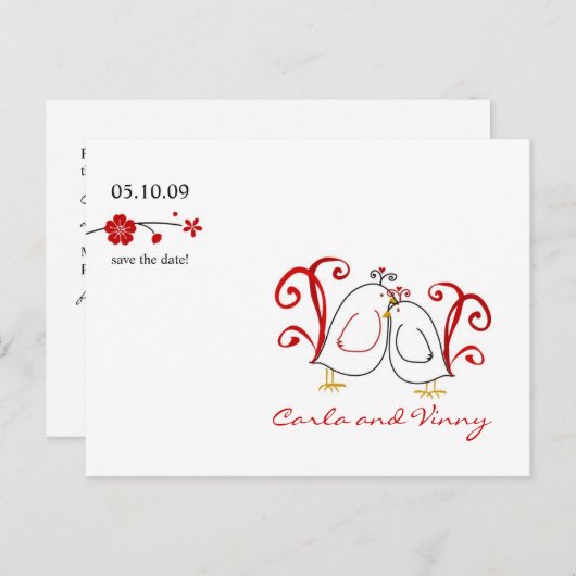 ラブバードとさくらんぼの花が日付カードを保存 案内ポストカード (正面/裏面)