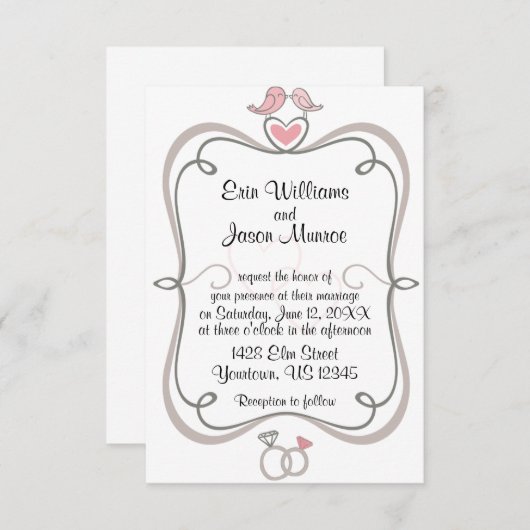 ラブバードとハート招待状 招待状 (正面/裏面)