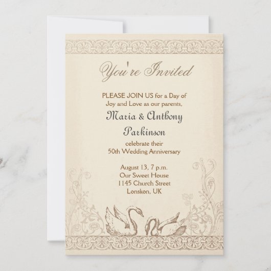 ラブバードの結婚記念日 ヴィンテージ 招待状 (正面)