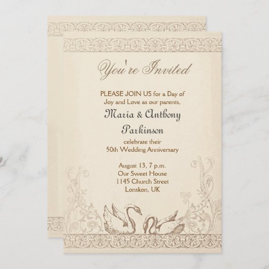ラブバードの結婚記念日 ヴィンテージ 招待状 (正面/裏面)