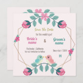 ラブバードの花柄Save the Dateカード (正面/裏面)