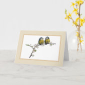 ラブバードはさくらんぼの花の枝ベージュに座っている カード (黄色い花)