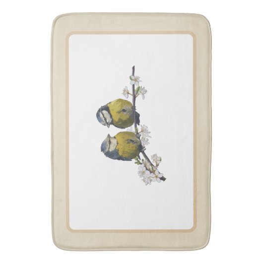 ラブバードはさくらんぼの花の枝ベージュに座っている バスマット (正面縦)