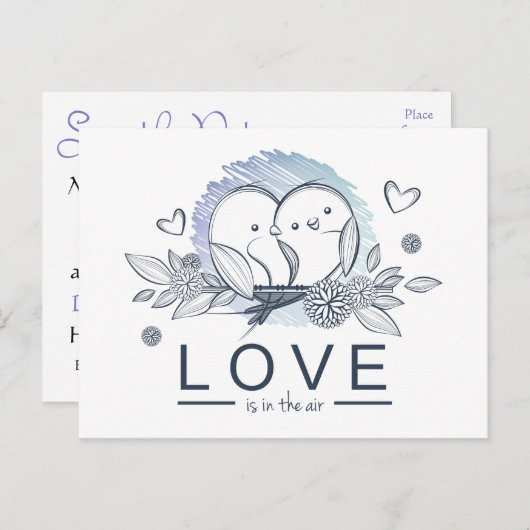 ラブバードは紫の日結婚付け 案内ポストカード (正面/裏面)