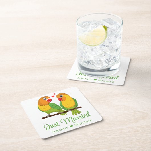 ラブバードイエローグリーンラブバードたった今結婚しました スクエアペーパーコースター (インサイチュ)