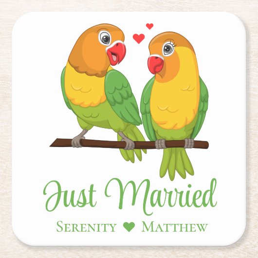 ラブバードイエローグリーンラブバードたった今結婚しました スクエアペーパーコースター (正面)