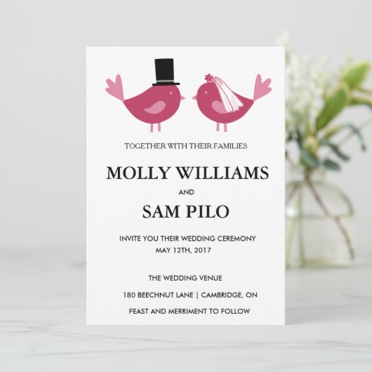 ラブバードカスタマイズ可能な結婚式招待状。 招待状 (スタンド正面)