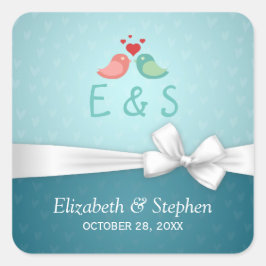 ラブバードカップル青い白いリボン結婚式の引き出物 スクエアシール