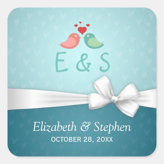 ラブバードカップル青い白いリボン結婚式の引き出物 スクエアシール (正面)