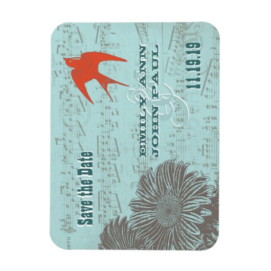 ラブバードグリーンブルーフォレストウェディング日付を保存 マグネット (縦)
