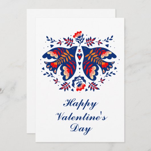 ラブバードスカンジナビアンフォークアートバレンタインデー シーズンカード (正面/裏面)