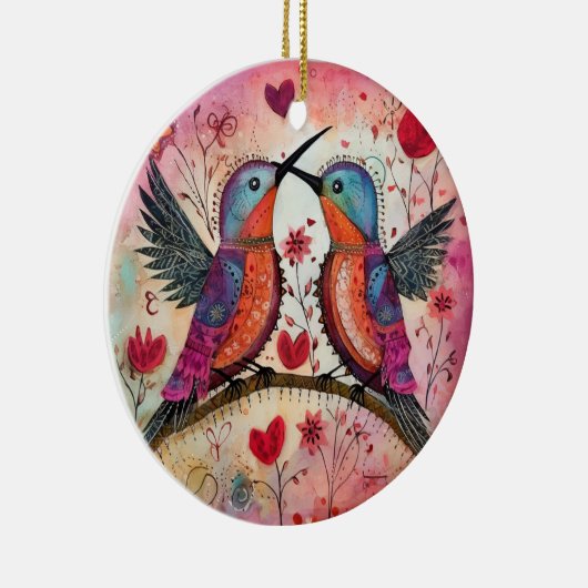 ラブバードハートと花 セラミックオーナメント (右)
