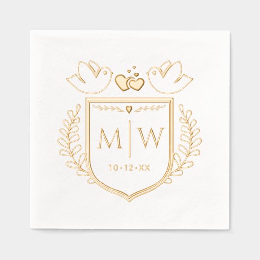 ラブバードハートクレスト2イニシャル結婚ズモノグラム 箔ナプキン (正面)