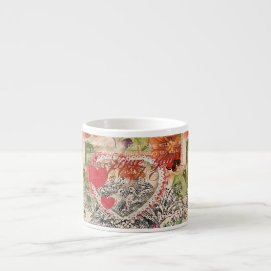 ラブバードハートレッドアートコラージュ エスプレッソカップ (正面)