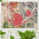 ラブバードハートレッドアートコラージュ キッチンタオル (折り畳み)