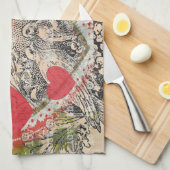 ラブバードハートレッドアートコラージュ キッチンタオル (四つ折り)