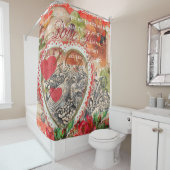 ラブバードハートレッドアートコラージュ シャワーカーテン (インサイチュ)