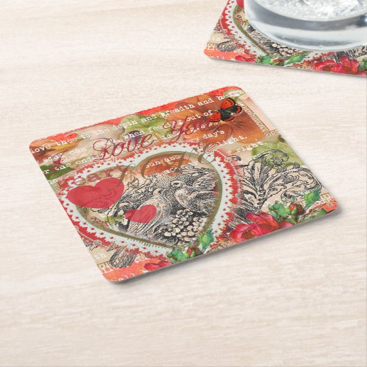 ラブバードハートレッドアートコラージュ スクエアペーパーコースター (アングル)