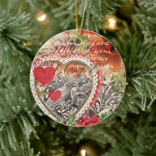 ラブバードハートレッドアートコラージュ セラミックオーナメント (ツリー)