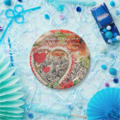 ラブバードハートレッドアートコラージュ ペーパープレート (パーティー)