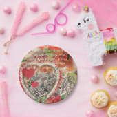 ラブバードハートレッドアートコラージュ ペーパープレート (パーティー)