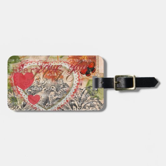 ラブバードハートレッドアートコラージュ ラゲッジタグ (正面横)
